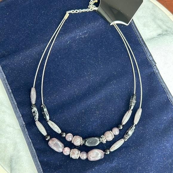 Silvertone wire beaded necklace black purple grey beads lobster claw 2 s… - Picture 6 of 11